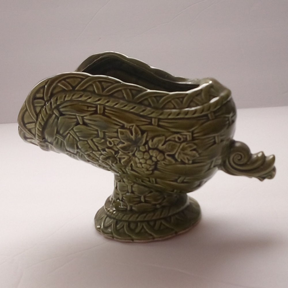 Rustic Grapes Scuttle Shaped Dish Planter Server Green Black Ceramic Japan